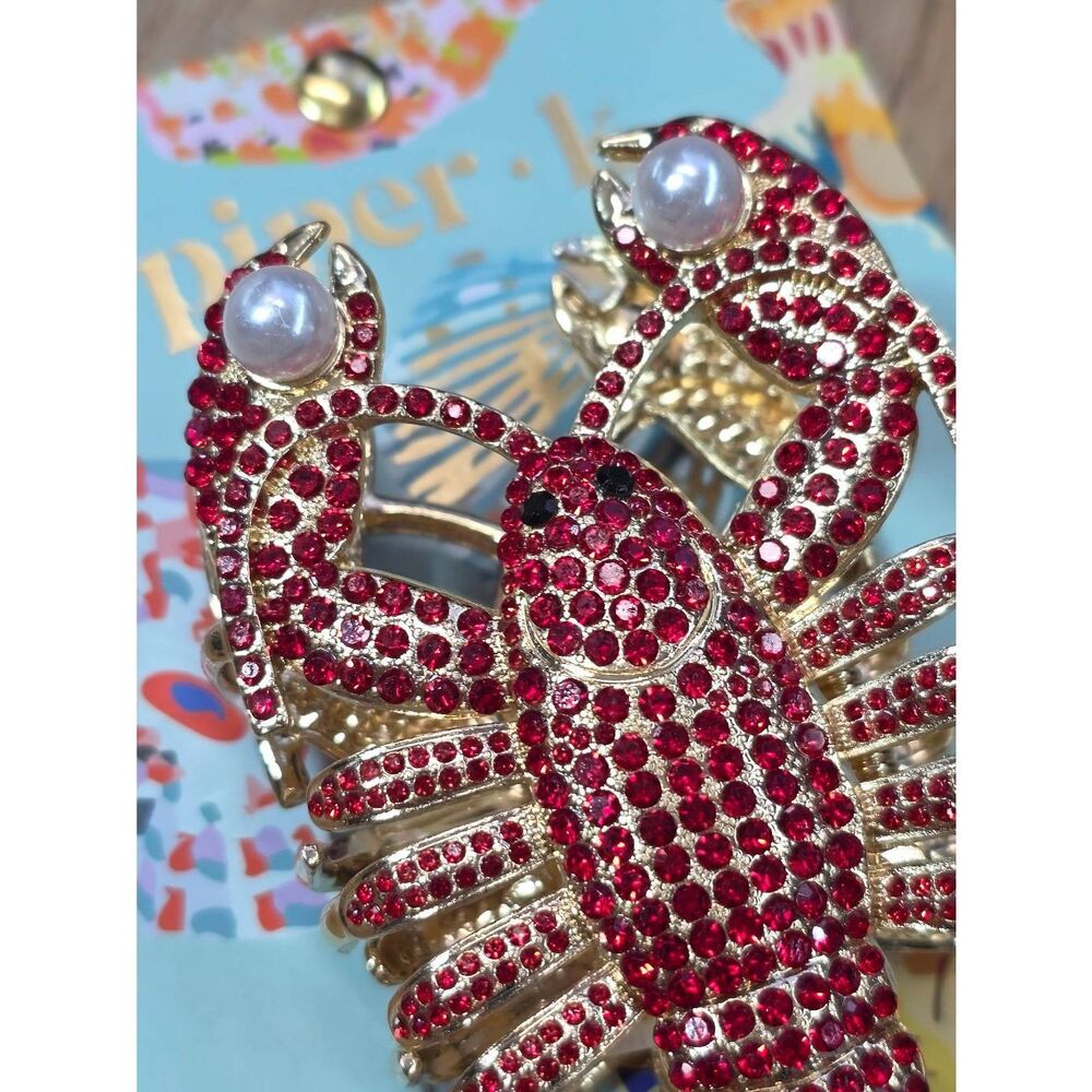 🔹️NWT Red Rhinestone & Faux Pearl Lobster Metal Hair Claw Clip - Picture 3 of 9